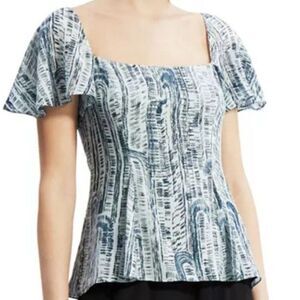 Theory Godet Cascade Block Silk Flutter Sleeve Blouse Blue Print Size 6